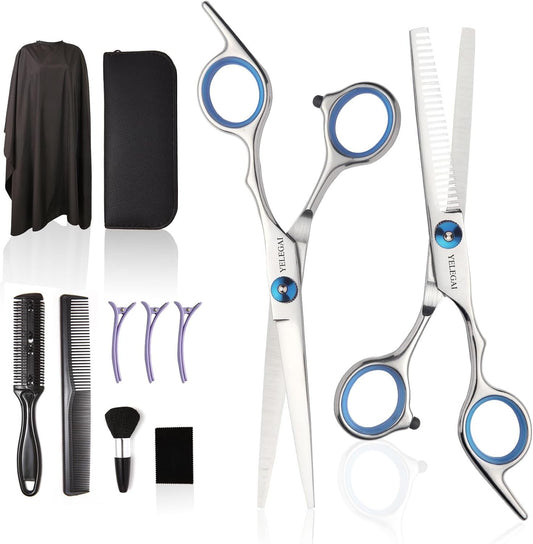YELEGAI professional hair cutting scissors kit front view displaying eleven pieces including stainless steel shears and blue adjustment screws
