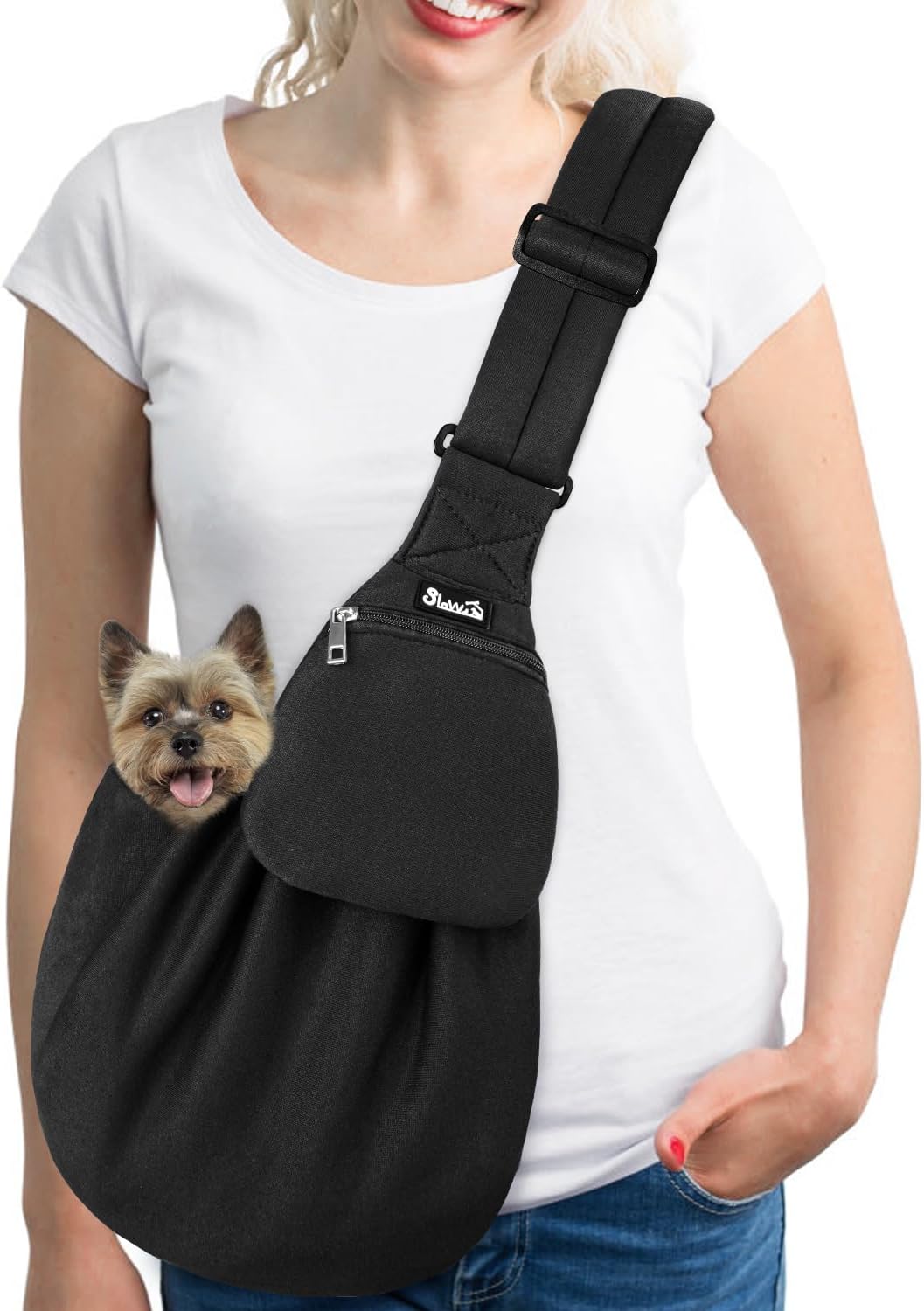 Lukovee Pet Sling, Hand Free Dog Sling Carrier Adjustable Padded Strap Tote Bag Breathable Cotton Shoulder Bag Front Pocket Safety Belt Carrying Small Dog Cat Puppy Machine Washable (Black, S) - Image 13