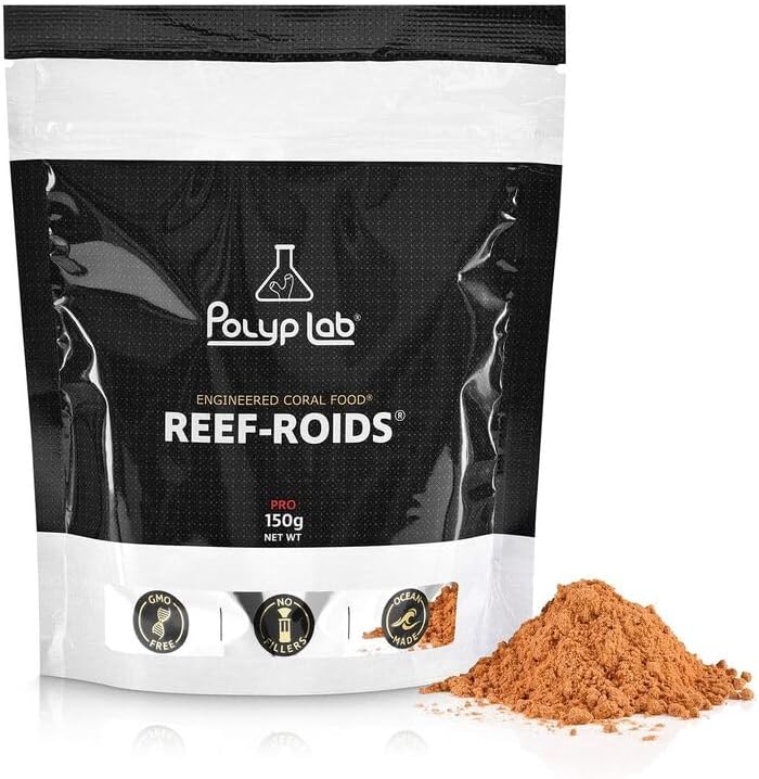 Premium Polyp Lab filter feeding coral food powder packaging displaying product benefits and specifications.