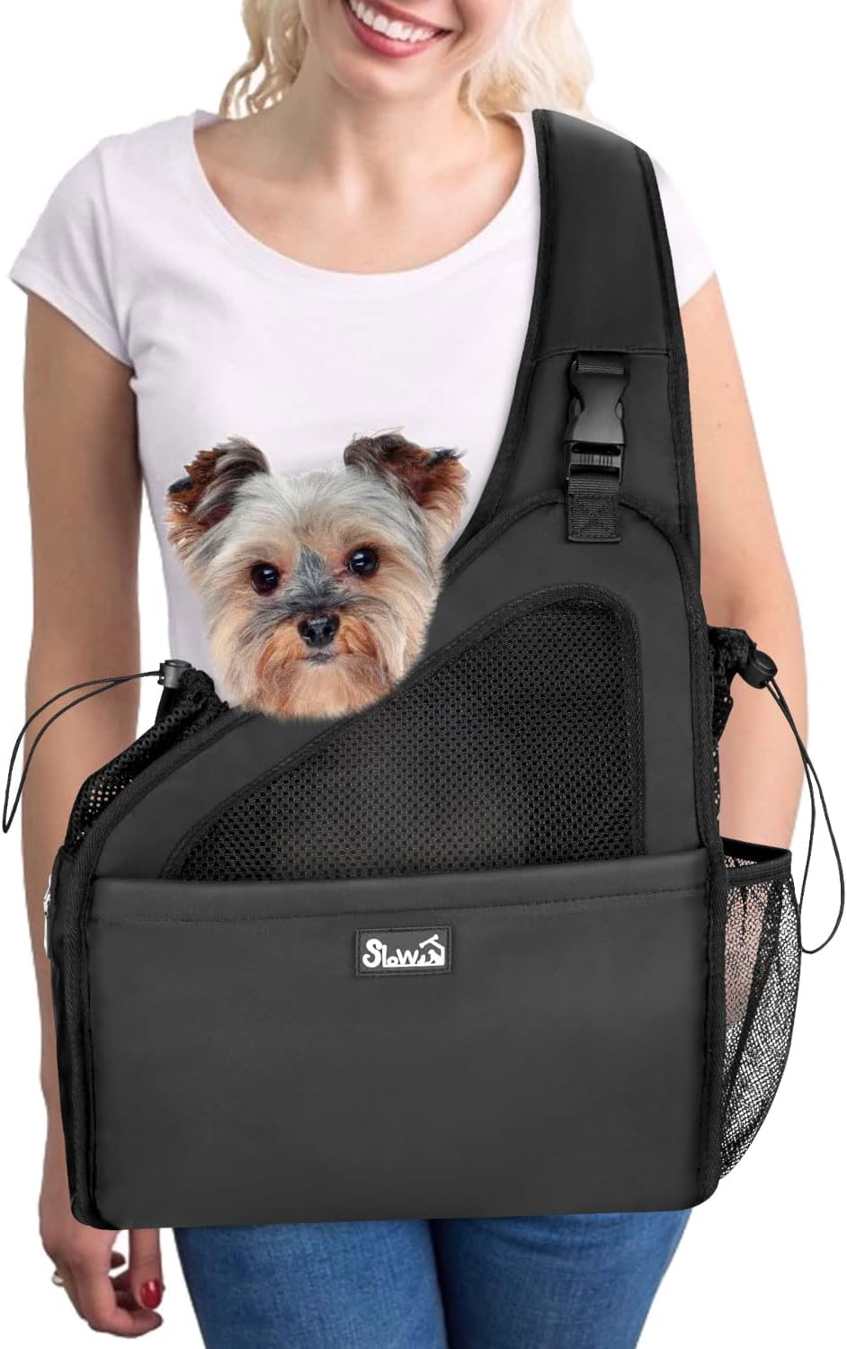 SlowTon Pet Dog Sling Carrier, Hands Free Hard Bottom Papoose Small Animal Puppy Up to 6 lbs Travel Bag Tote Breathable Mesh Support Adjustable Padded Strap Pocket Safety Belt(Widened Black) - Image 11