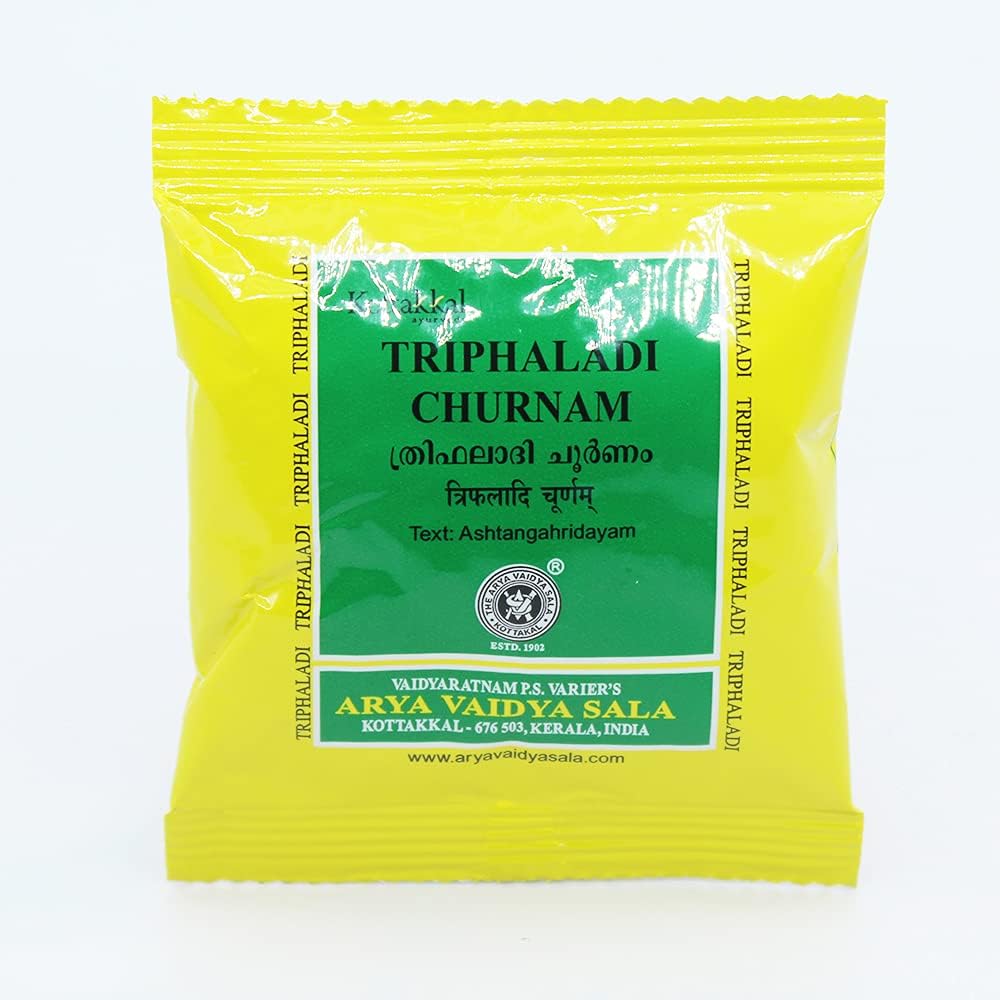 Golden Oldie Herbs Kottakkal Ayurveda Triphaladi Churnam 10 Grams sachet front view for digestive wellness.