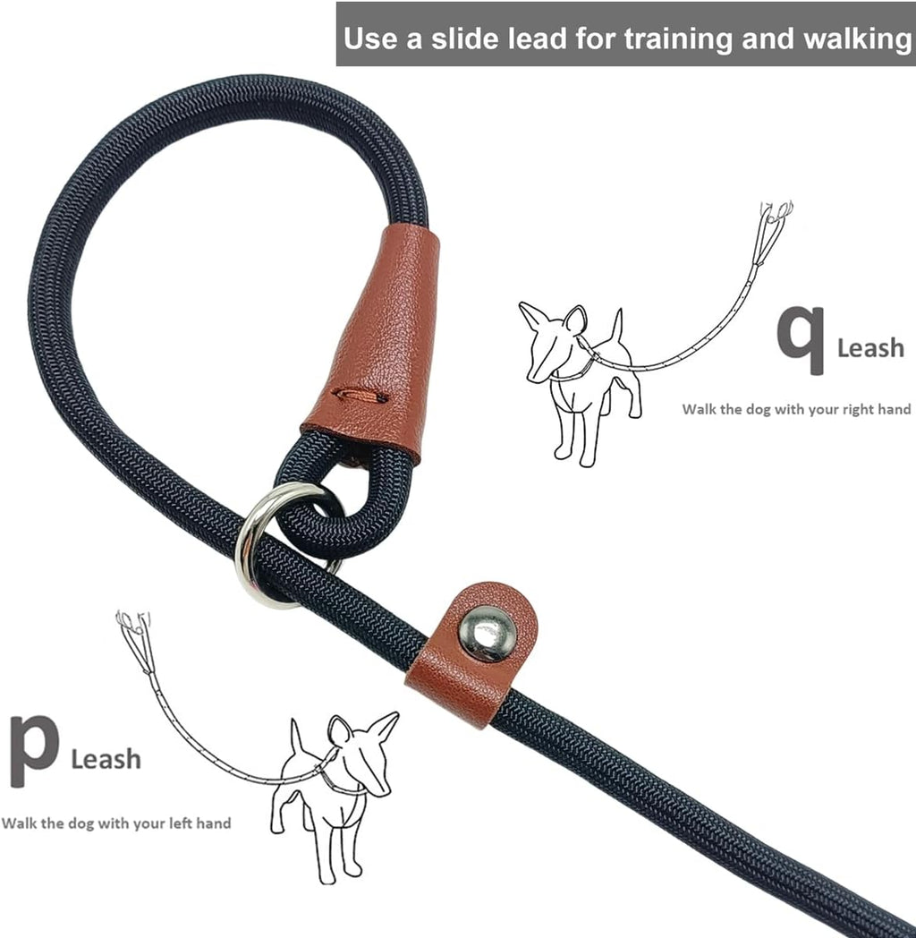 BTINESFUL black nylon no pull rope leash extended to show its complete seven feet length