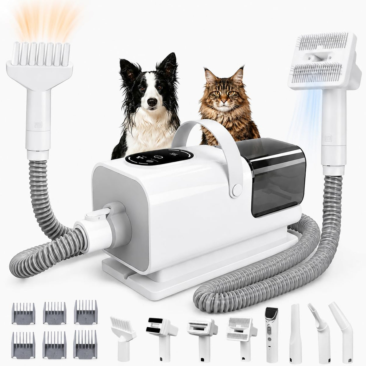 DR.BUNORDLE 8-in-1 dog grooming vacuum kit front view featuring the main white central suction unit.