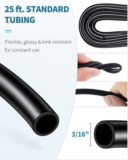 Black PVC standard aquarium hose uncoiled beside multi-shape connectors and safety check valves.