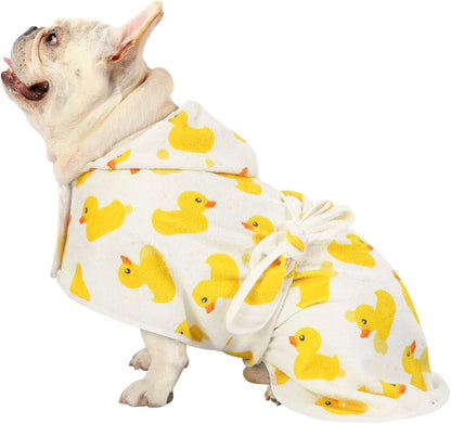 HDE dog bathrobe with hood and rubber duck pattern front view