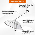 Small breed dog comfortably walking under the clear bubble canopy with leash attached to collar.