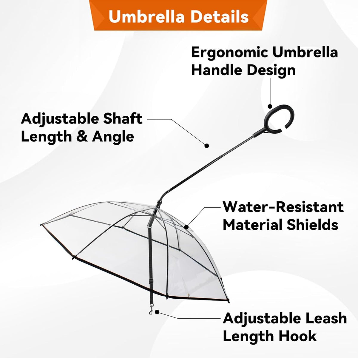 Small breed dog comfortably walking under the clear bubble canopy with leash attached to collar.