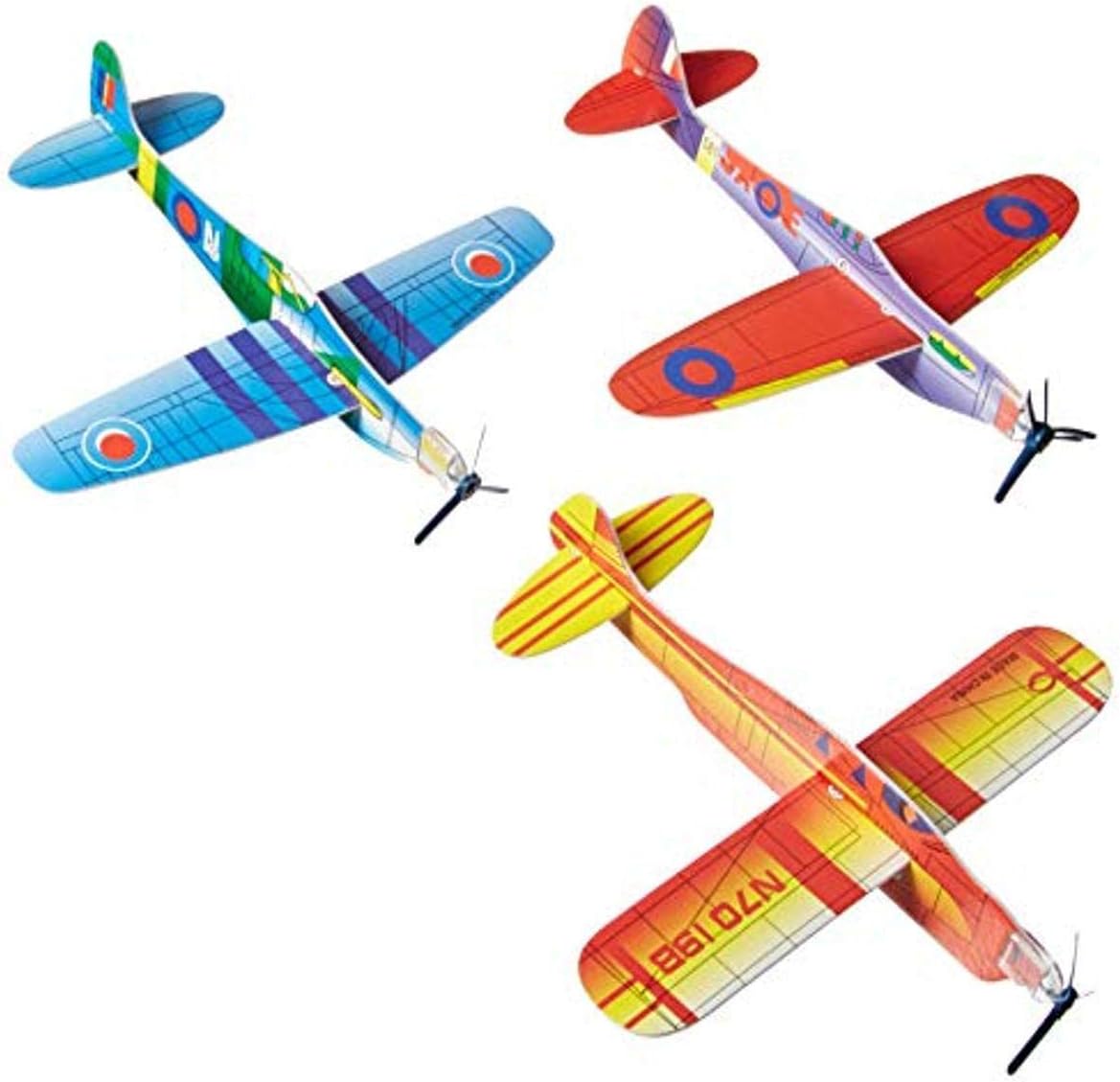 Rhode Island Novelty Foam Flying Glider Planes bulk forty eight piece box front view showcasing assorted World War Two fighter designs.