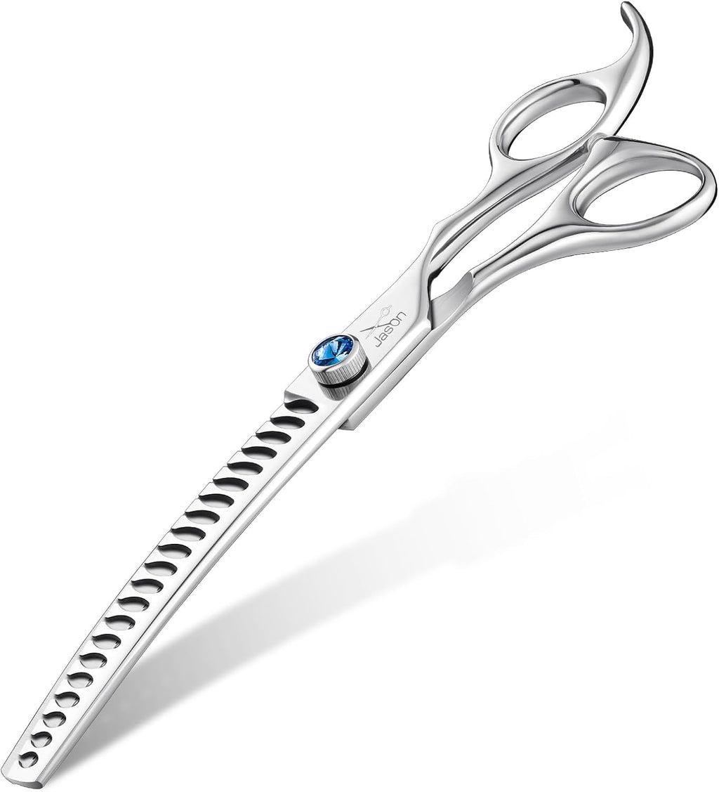Professional pet stylist using JASON curved thinning shears on dog coat