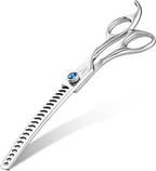 Professional pet stylist using JASON curved thinning shears on dog coat