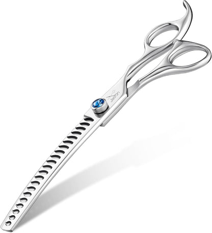 Professional pet stylist using JASON curved thinning shears on dog coat