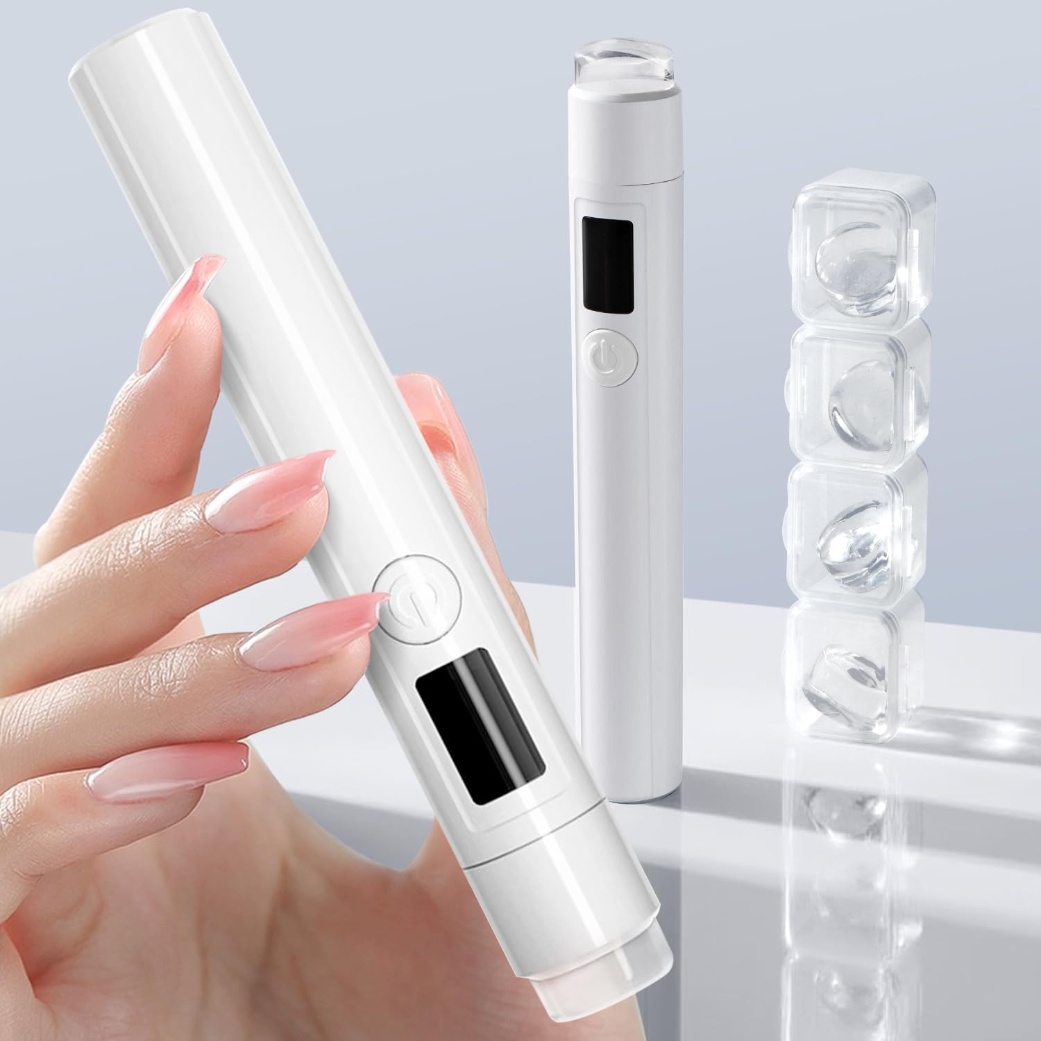 Mucoos mini UV light for nails front view showing pen design and display screen