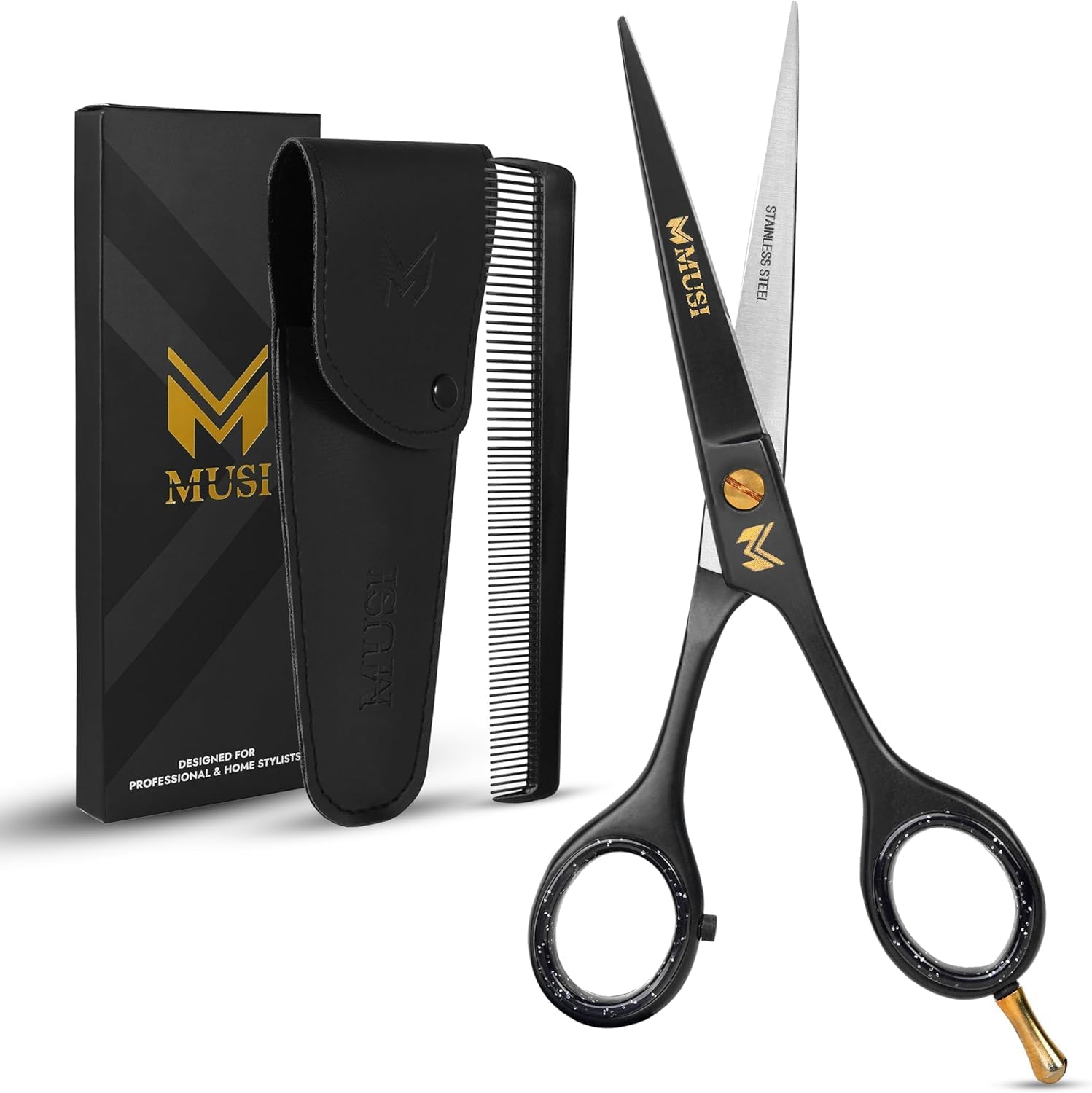 MUSI professional barber hair cutting scissors front view showcasing the matte black finish and gold tension screw.