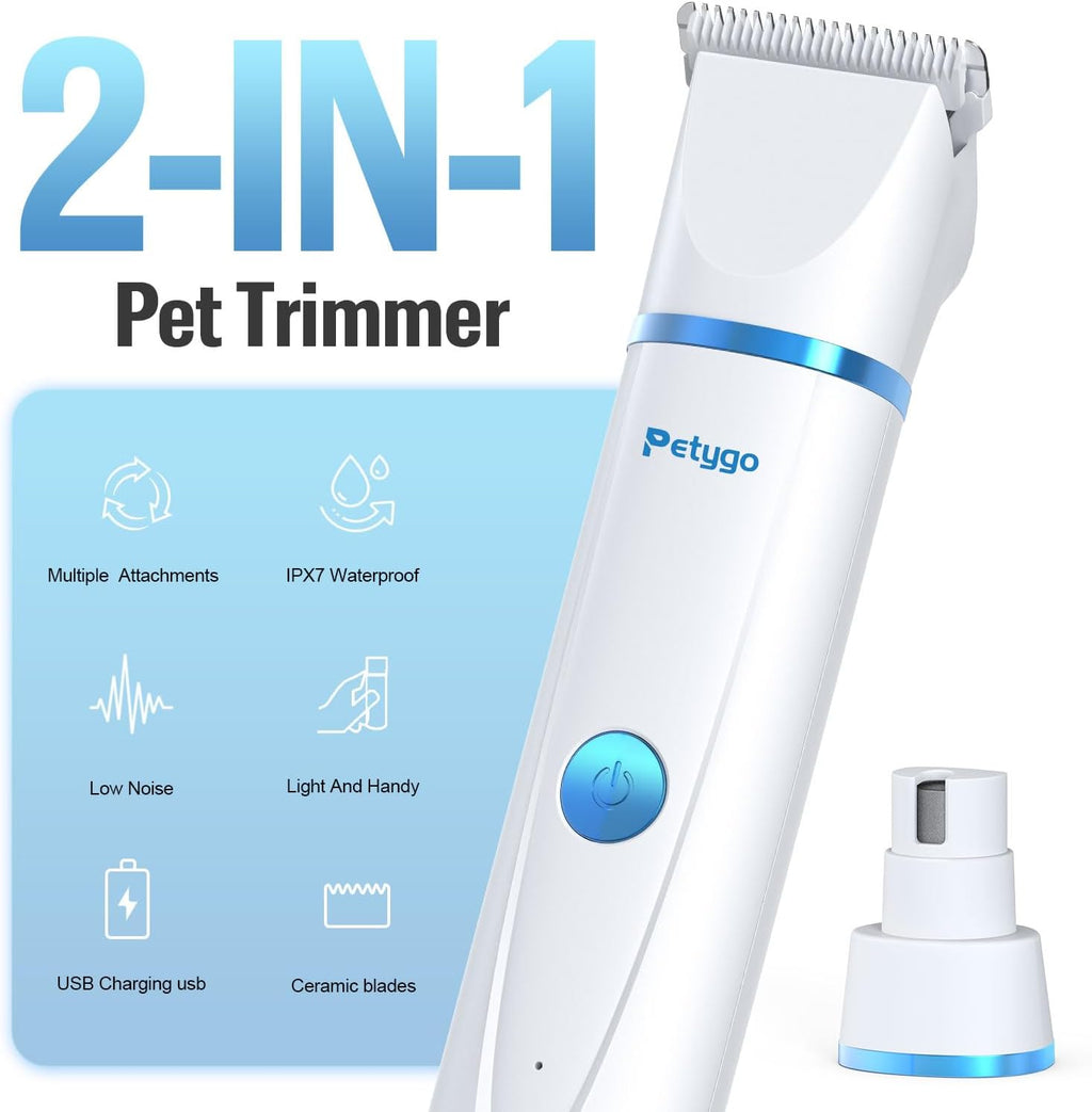 Petygo pet hair clippers with interchangeable nail grinder head attached.