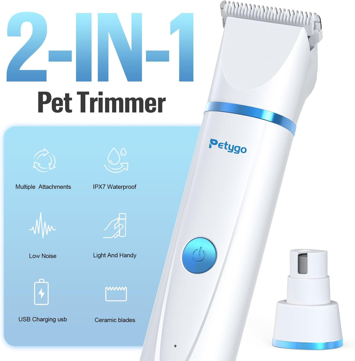 Petygo pet hair clippers with interchangeable nail grinder head attached.