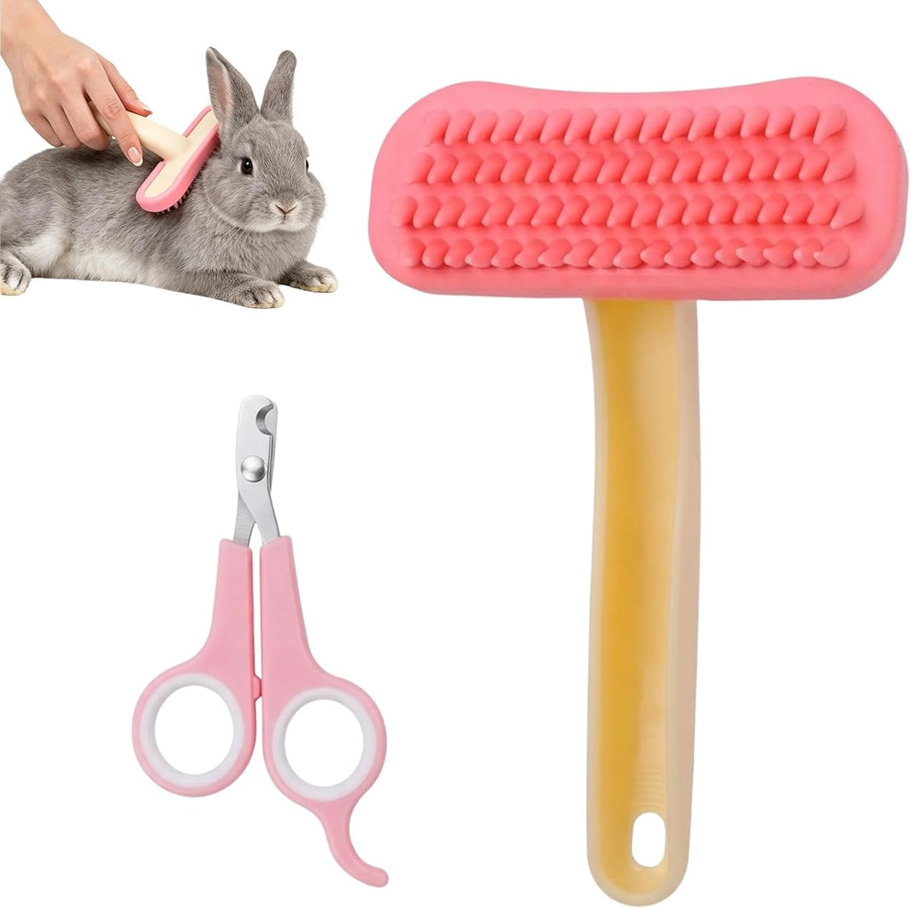 Yuanan bunny brush grooming desktop decor set front view showing pink silicone rabbit brush