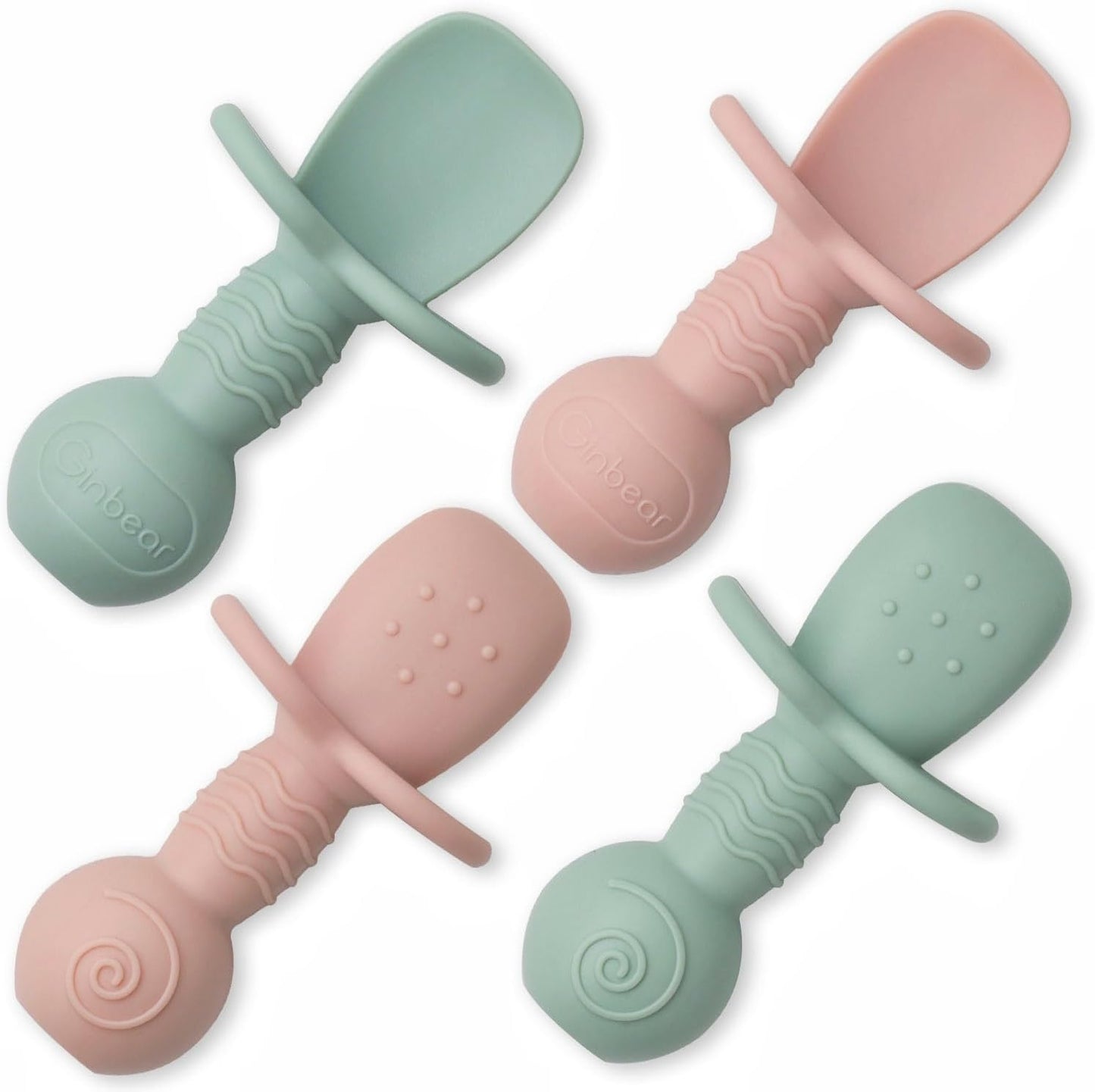 Ginbear platinum silicone baby spoons front view in hazy green and pink colors for premium infant weaning.