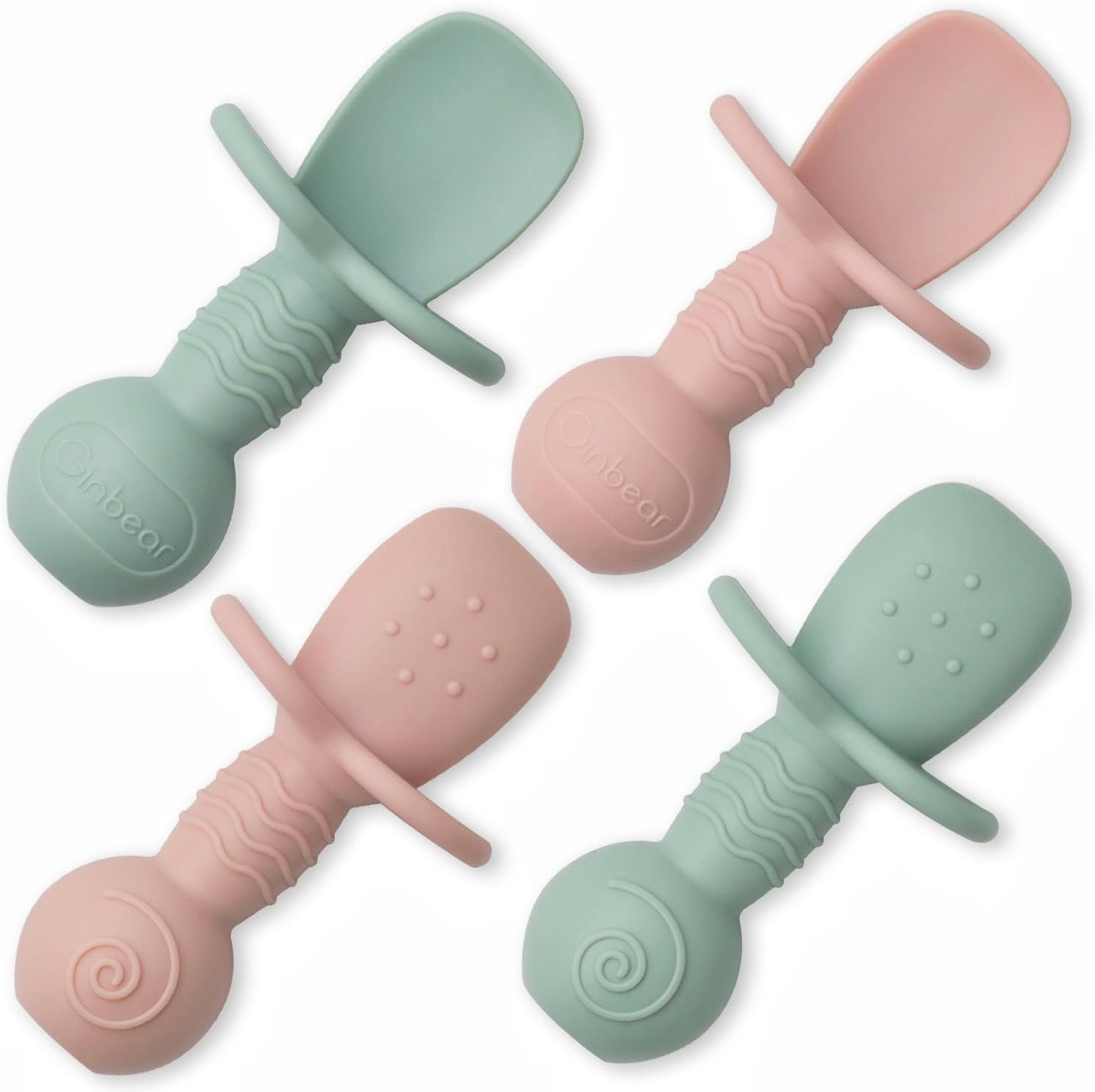 Ginbear platinum silicone baby spoons front view in hazy green and pink colors for premium infant weaning.