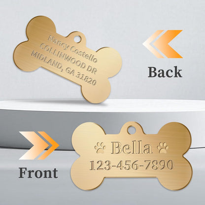 Overket custom engraved brass dog name tag showing legible contact information layout