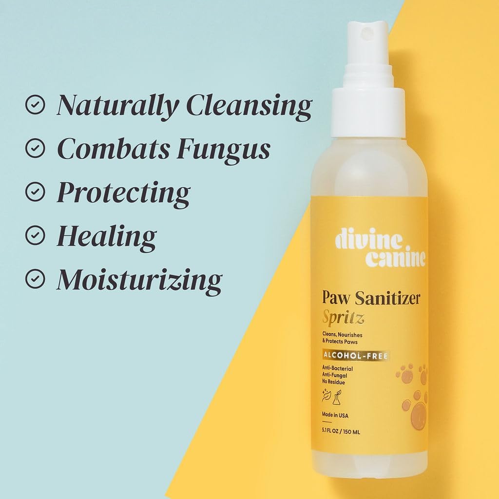 Close up of Divine Canine sanitizer spray for dog paws