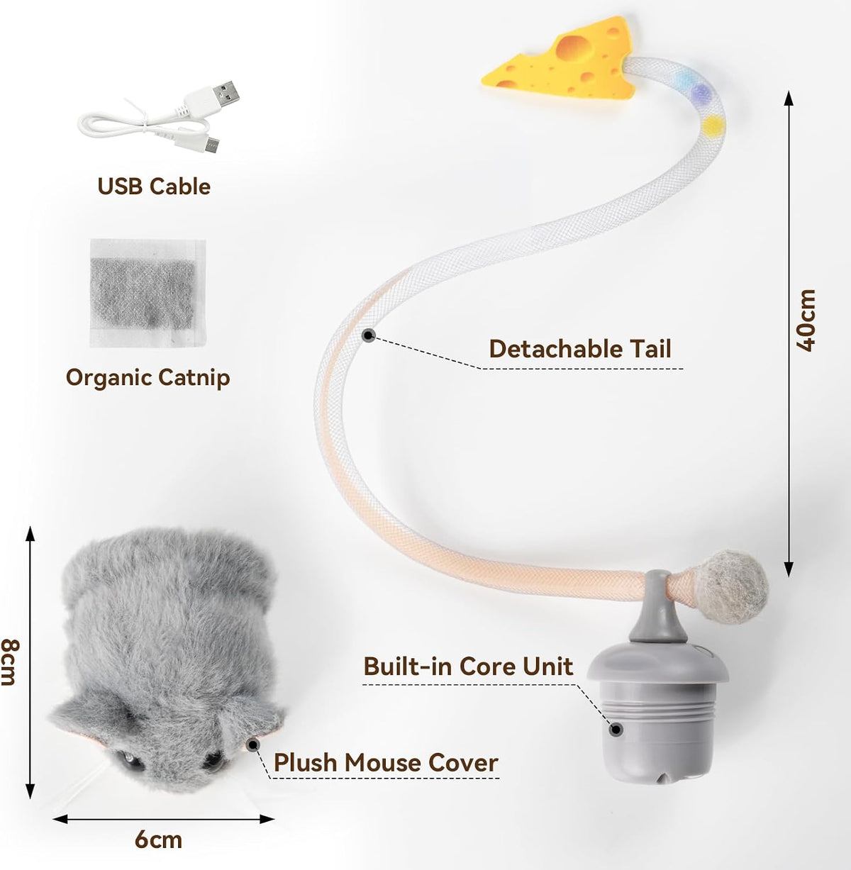 Side view showcasing the small compact dimensions of the smart rolling kitten toy.