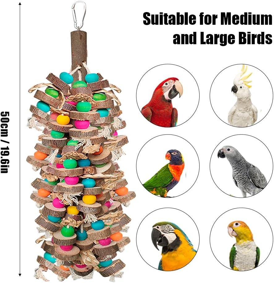 Multi-colored wooden block bird toy for macaws and cockatoos close up view