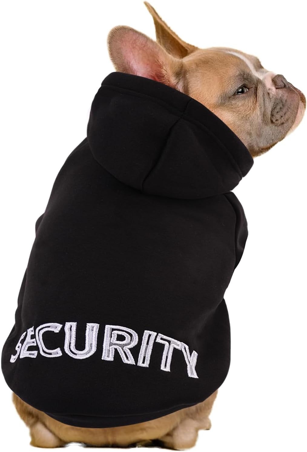 SAWMONG dog security hoodie front view showing premium black flannel texture on a medium puppy.