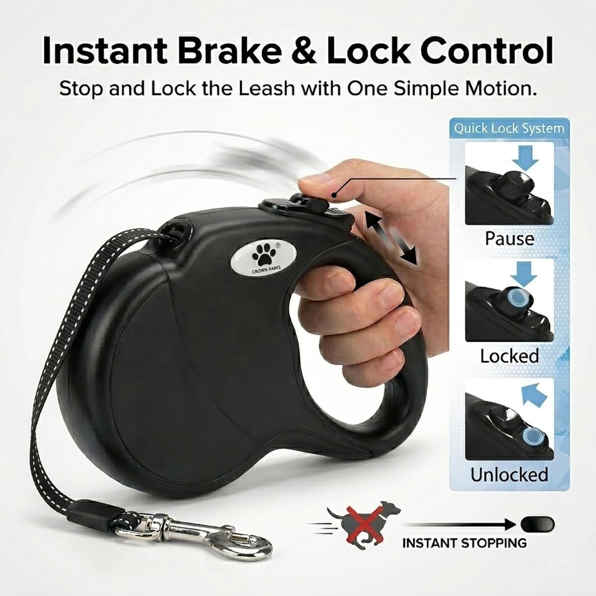 Black 16ft retractable leash for large breed dog with ergonomic handle