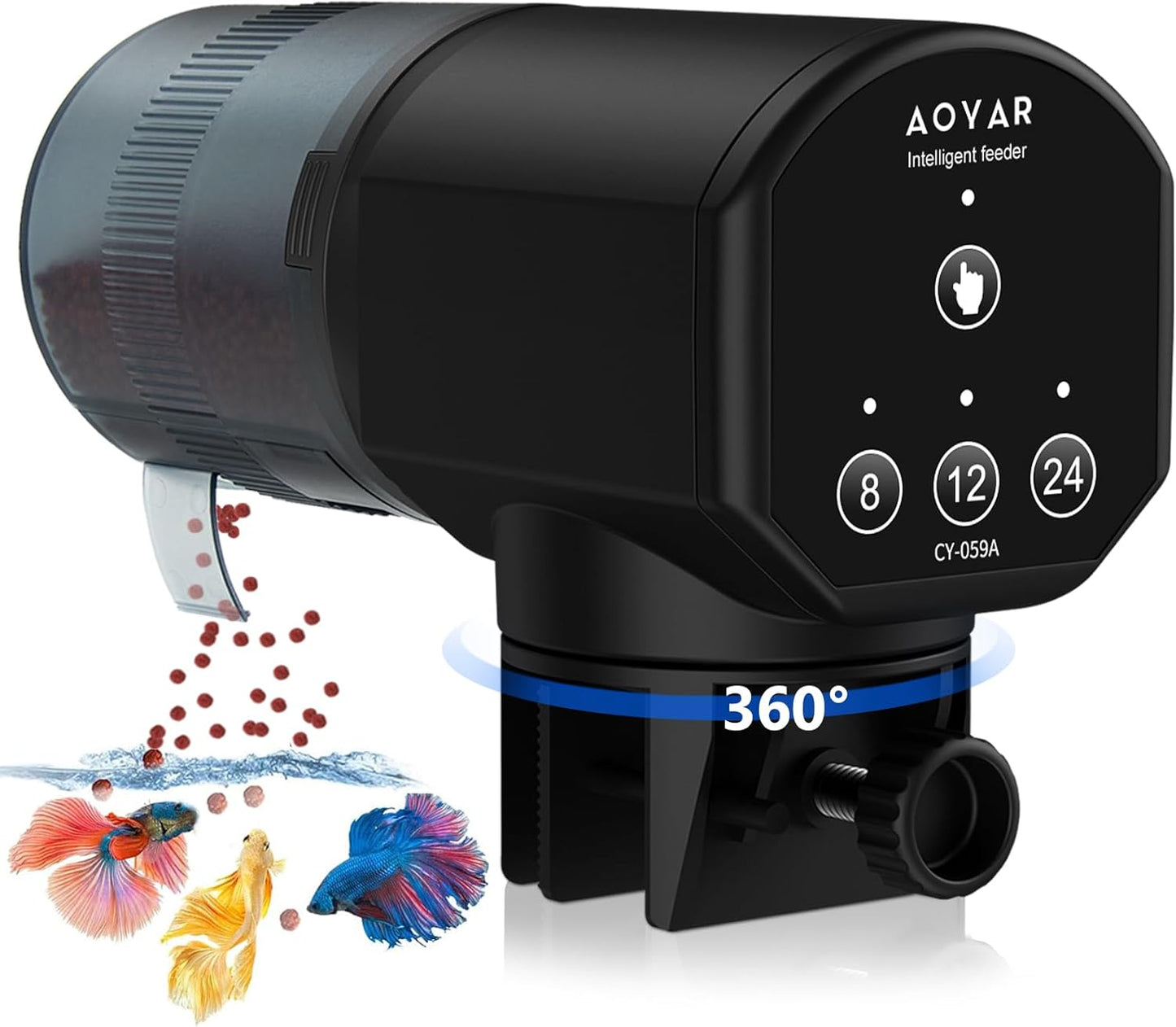 Aoyar automatic fish feeder dispenser front view mounted on aquarium tank