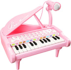 Love And Mini pink piano toy front view showing twenty four keys and attached microphone