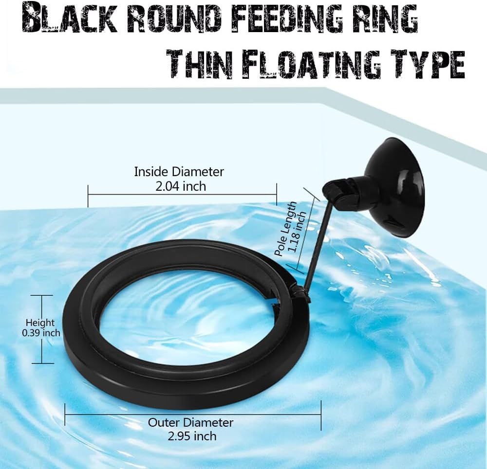 Blue floating fish feeder ring attached to aquarium glass with suction cup