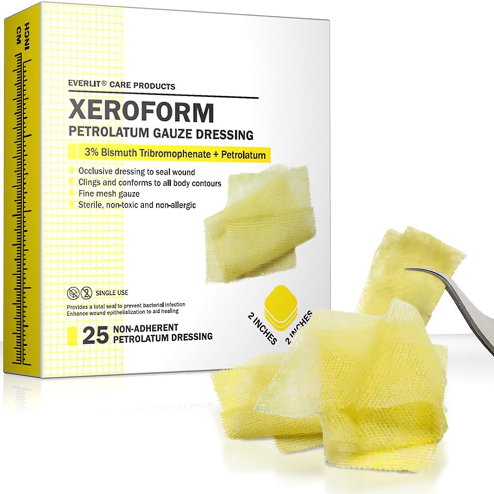 EVERLIT Xeroform Petrolatum Dressing box front view showcasing medical grade sterile wound care packaging.
