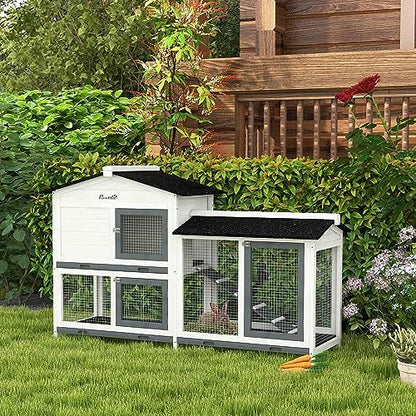 PawHut 62" Rabbit Hutch, Wooden Bunny Hutch, Guinea Pig Cage, Small Animal Enclosure with Run Area, Removable Tray, Asphalt Roof, Lockable Doors and Ramp, for Rabbits, Chickens, Ducks, White - Image 3