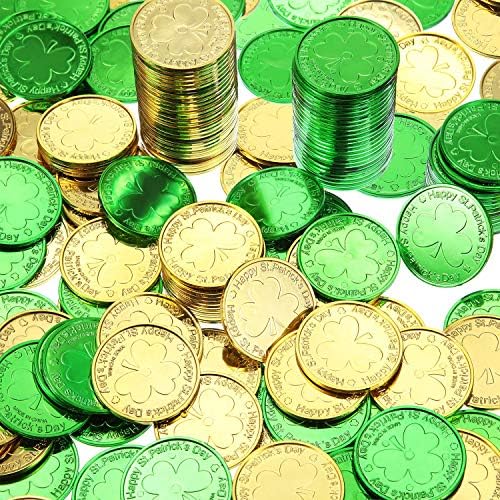 Close up view of the three leaf clover engraving on the plastic luck coins.