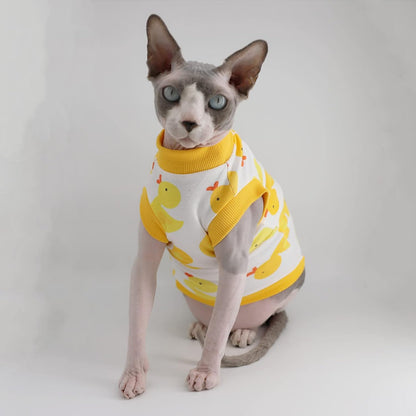 Sphynx Hairless Cat Summer Cotton T-Shirts Cat Vest Pet Clothes,Round Collar Vest Kitten Shirts Sleeveless, Cats & Small Dogs Apparel (Medium, Yellow Ducks) - Image 2