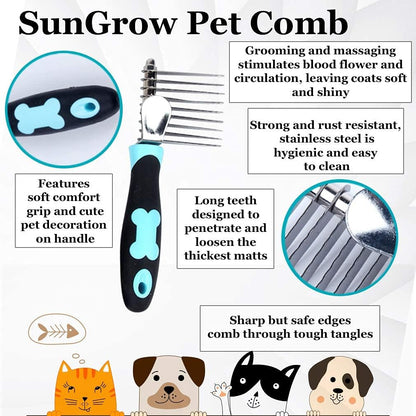 SunGrow long hair pet comb being used gently on a thick animal undercoat to slice through mats without pulling.