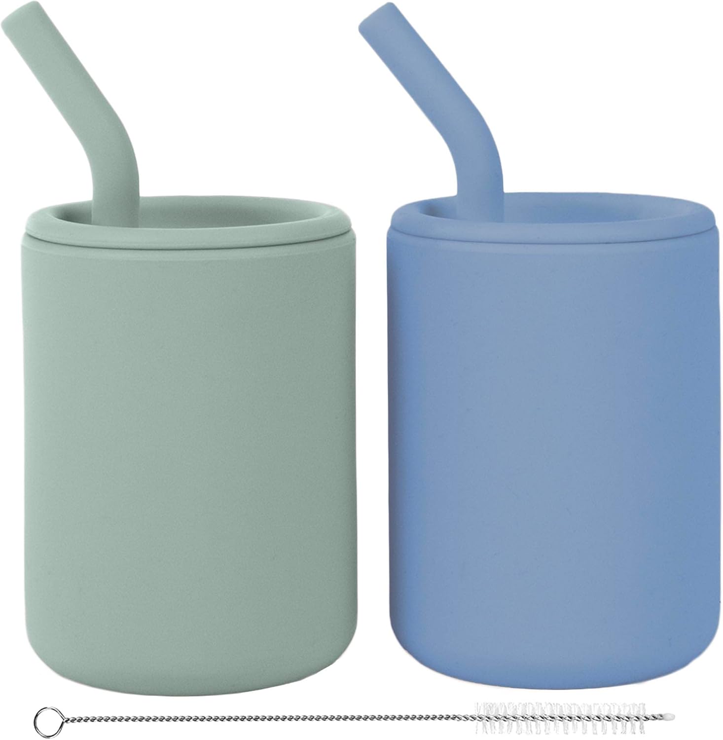WeeSprout Silicone Baby Cups front view of two matte green toddler training containers with lids and straws.