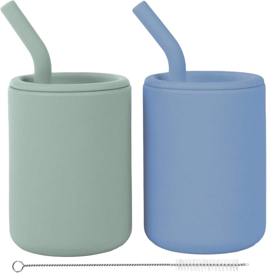 WeeSprout Silicone Baby Cups front view of two matte green toddler training containers with lids and straws.