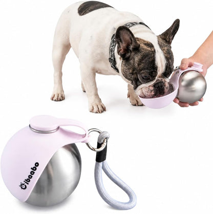 Cibaabo puppy water flask being carried easily by its compact attachment during an outdoor hiking trip.