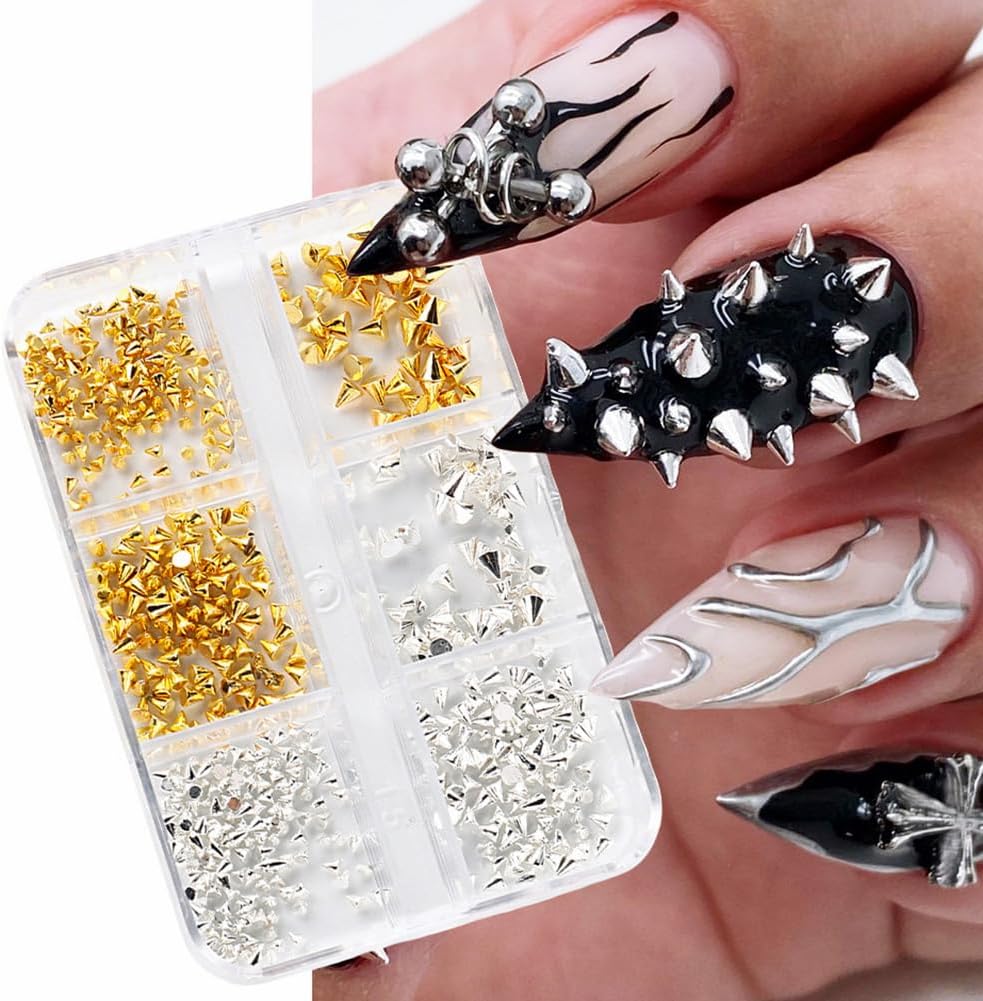 Jaliya cone nail art studs front view showing six grid box with gold and silver metallic spikes