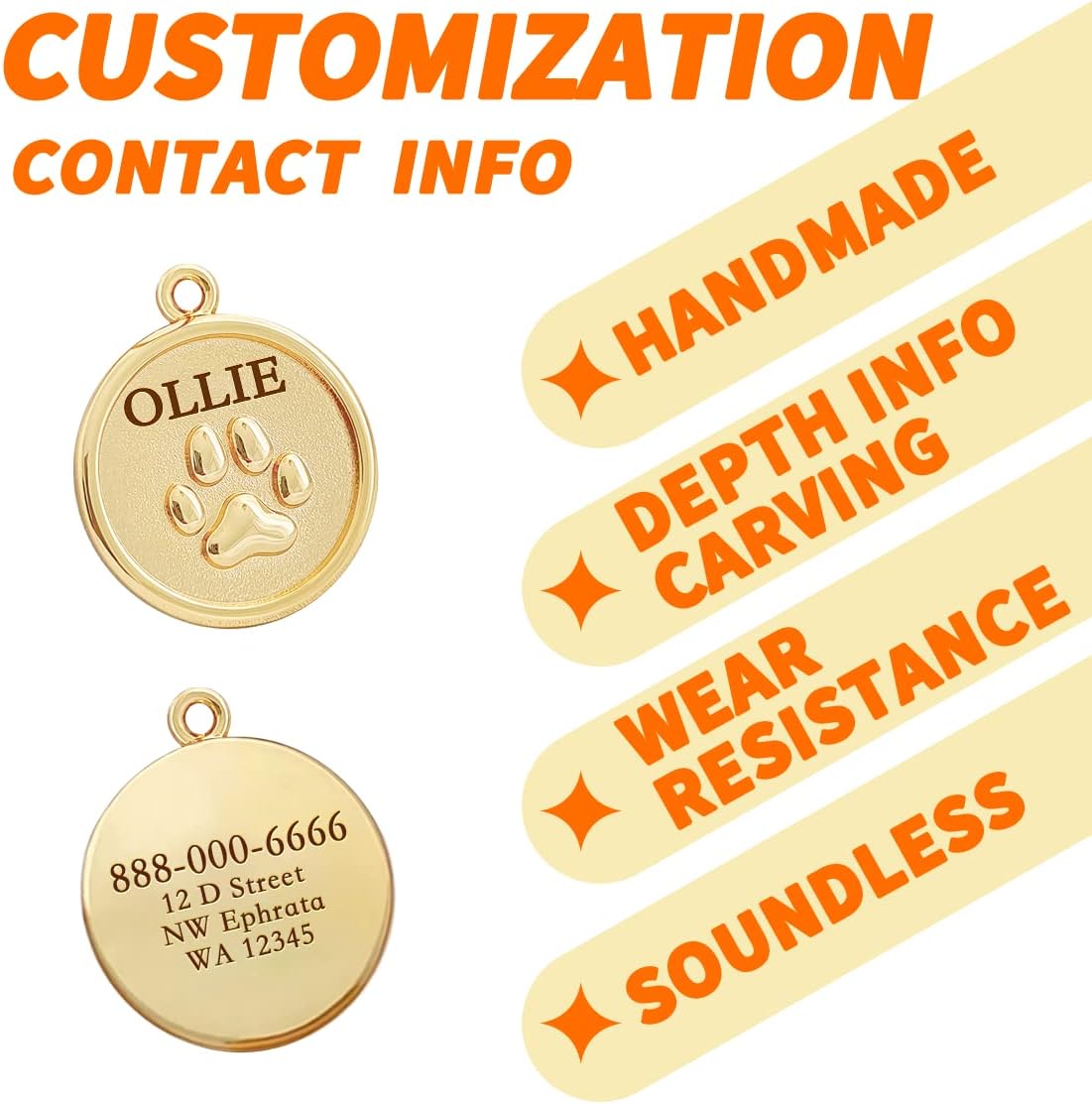 Premium gold plated anti lost pet identification accessory hanging on a collar.