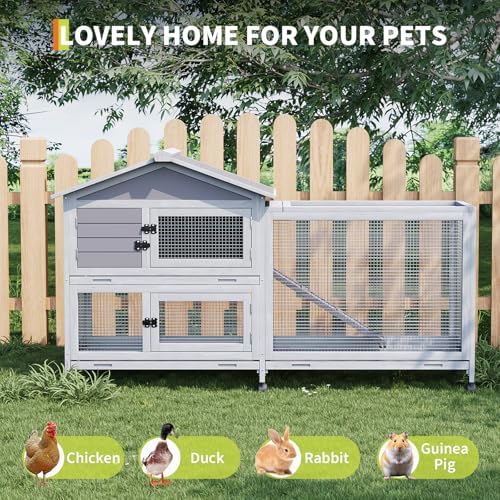 GarveeLife Rabbit Hutch with Weatherproof Asphalt Roof, Bunny Hutch with Wheels & Pull-Out Tray, Rabbit Cage Guinea Pig Cages for Small to Medium Animals, Indoor Outdoor Use, Grey - Image 7