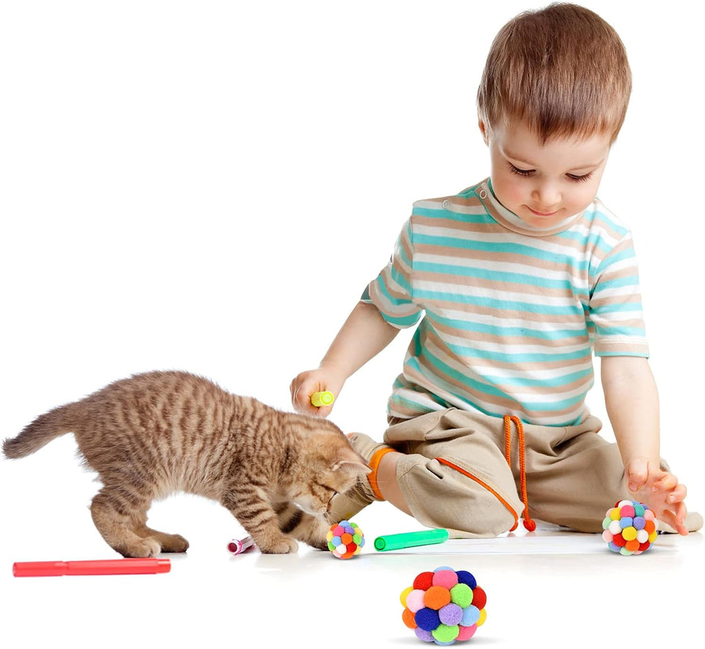 Colorful plush kitten playing balls with built-in jingle bells for indoor exercise.