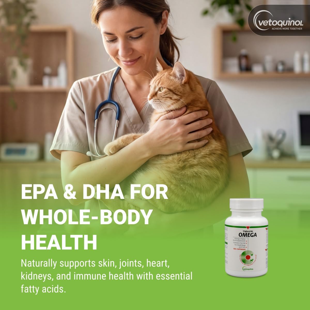 Back label of Vetoquinol pet fish oil softgels detailing specific dosage instructions for cats and small dogs