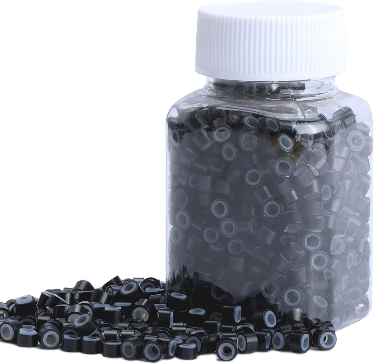 NIACONN 1000 pieces silicone lined micro link beads front view of plastic container packed with black five millimeter rings