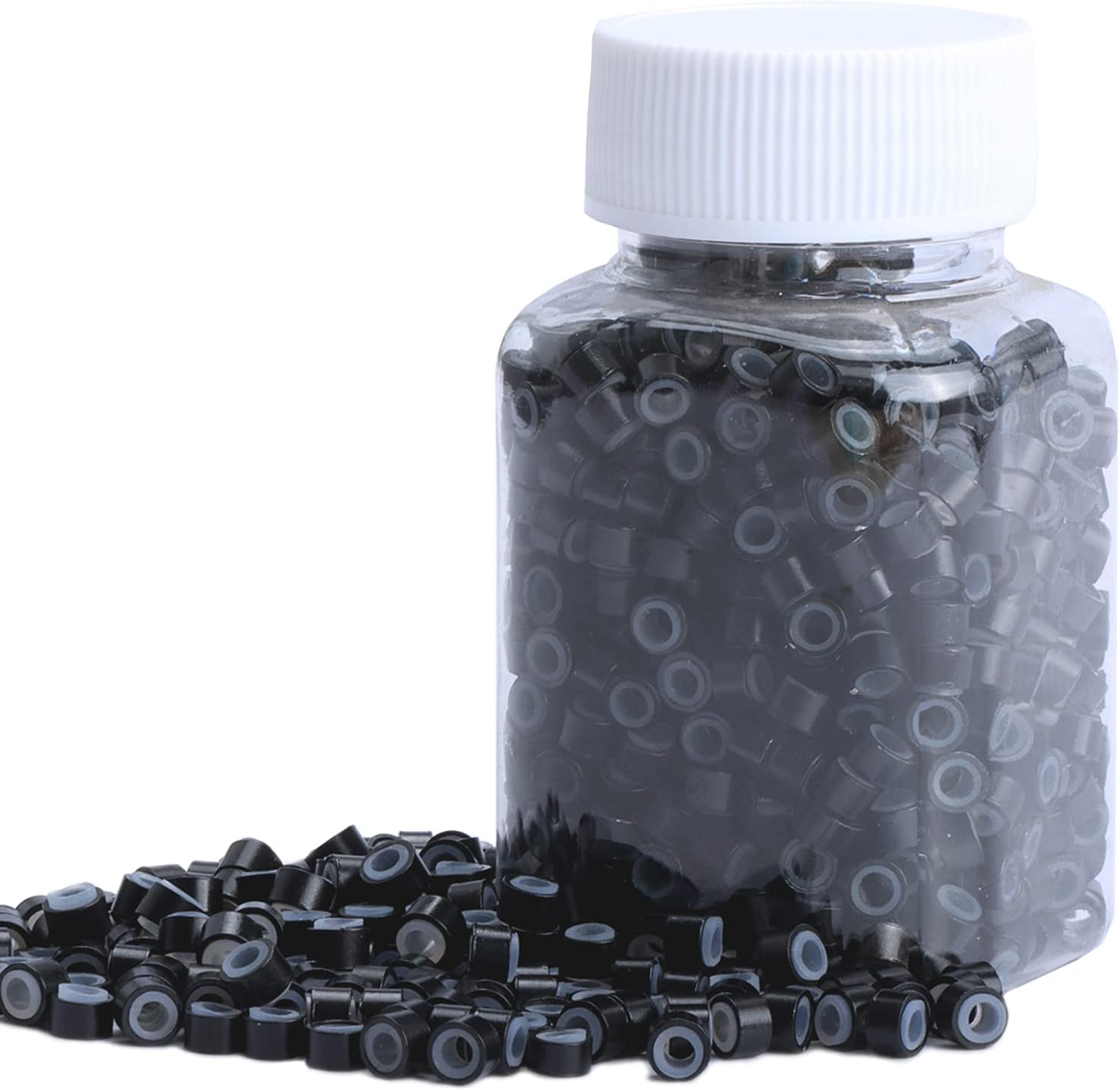 NIACONN 1000 pieces silicone lined micro link beads front view of plastic container packed with black five millimeter rings