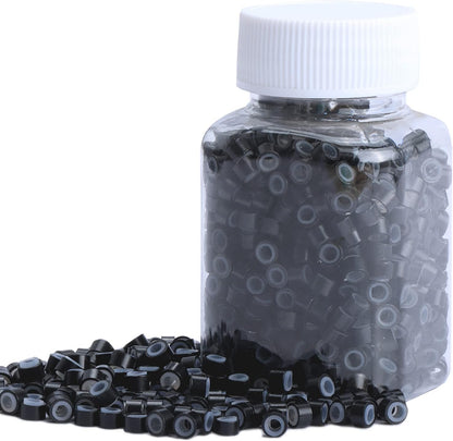 NIACONN 1000 pieces silicone lined micro link beads front view of plastic container packed with black five millimeter rings