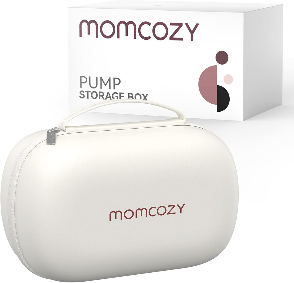 Momcozy breast pump storage bag front view showing the durable white hard shell exterior and convenient top handle