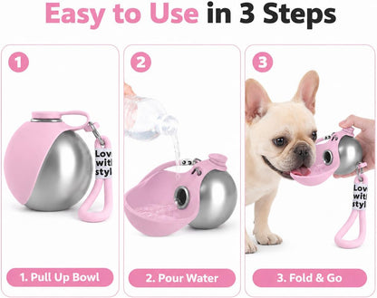 Bokynu stainless steel pet travel bottle being filled with water for outdoor hiking accessories.