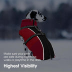 Adjustable turtleneck collar on a red waterproof puppy coat